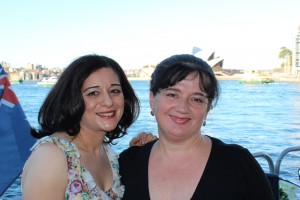 Jane Hart with wedding vocalist Georgina Macdessi on Sydney Habour